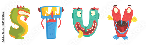 Funny Monster Alphabet Text Letter Character Vector Set