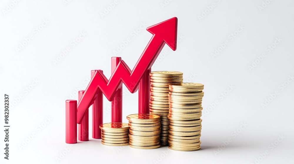 A dynamic growth chart illustrating rising profits, with stacked coins symbolizing wealth and financial success. Public debt on economic growth.