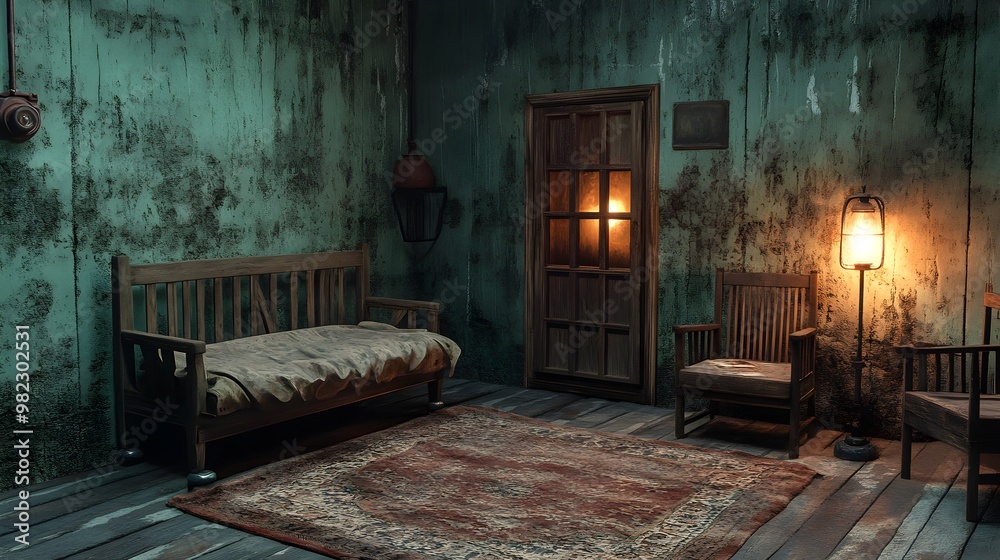 Fototapeta premium A vintage interrogation room with creaking wooden furniture, dim oil lamps, and a tense political prisoner exchange. The room feels cold and isolated