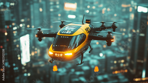 A futuristic taxi drone picks up passengers or flies through the air photo
