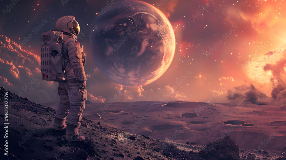 An astronaut in a spacesuit on the surface of an uncharted planet. AI Generated An astronaut in a spacesuit on the surface of an uncharted planet. AI Generated