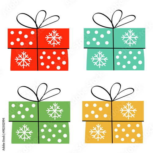 Сolorful vector illustration of four Christmas gift boxes in different colors (red, green, yellow and teal) decorated with polka dots, snowflakes, and topped with simple black ribbon bows.