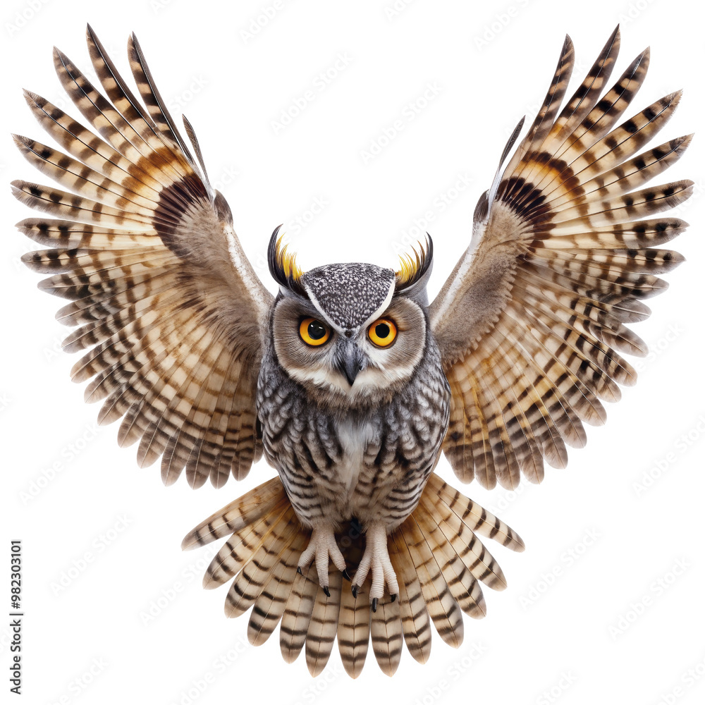 Obraz premium Great Horned Owl with Spread Wings Isolated on White Background, Owl, Bird, Wildlife, Feather