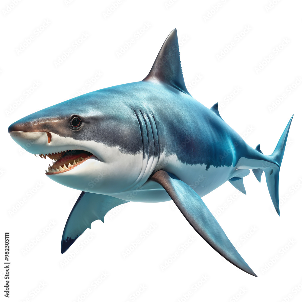 Obraz premium Great White Shark, 3D Render, Predator, Ocean Animal, Isolated on White Background, shark, predator, ocean, animal