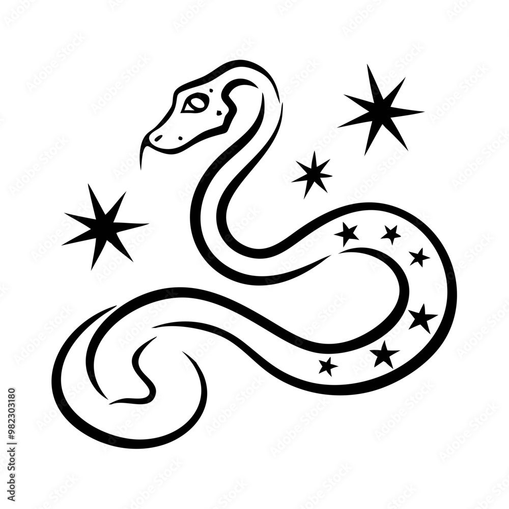 Obraz premium Celestial Snake Mystically Coiled Among Stars Black and White Illustration