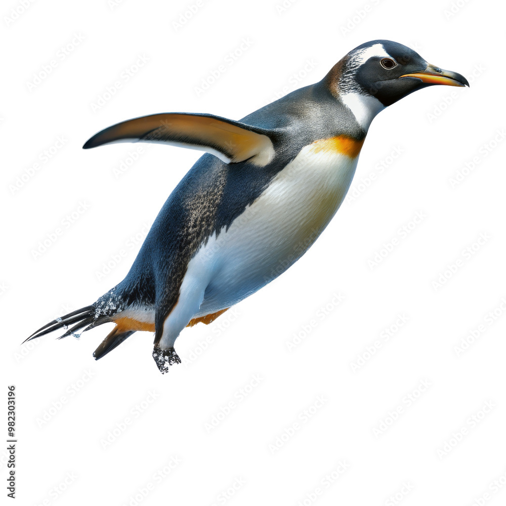 Obraz premium King Penguin in Flight, Isolated on White Background, 3D Rendering, Wildlife Photography, Antarctica, Penguin