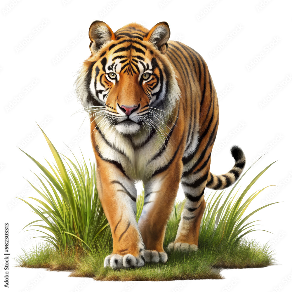Fototapeta premium Majestic Tiger Walking Through Grass Isolated on White Background, tiger, animal, wild, predator