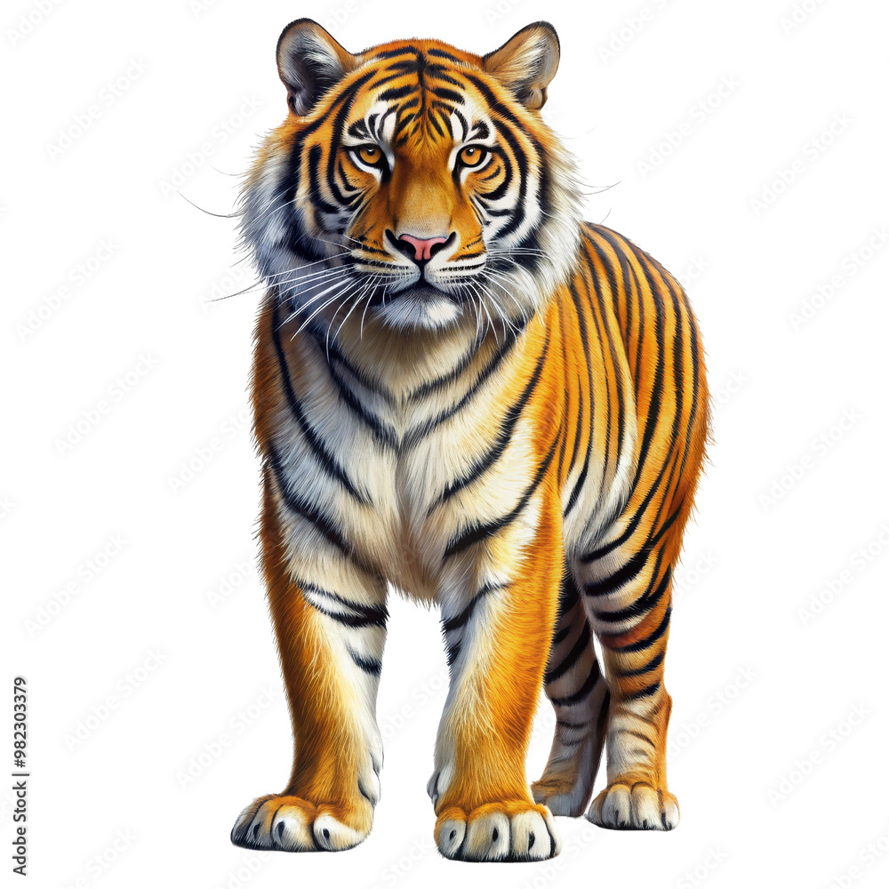 Majestic Tiger Standing Isolated on White Background, tiger, wildlife, animal, predator, endangered species Majestic Tiger Standing Isolated on White Background, tiger, wildlife, animal, predator, endangered species