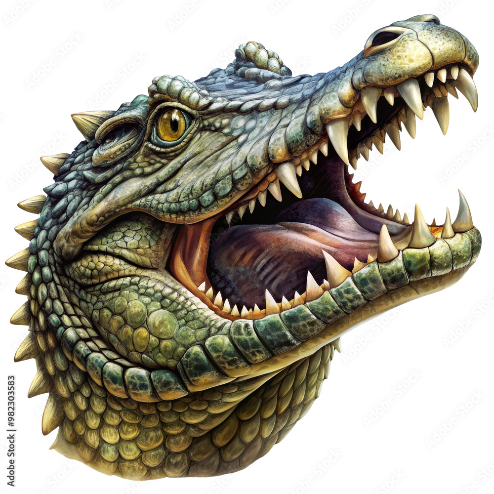 Realistic Crocodile Head with Open Mouth Isolated on White Background, crocodile, reptile, predator, danger Realistic Crocodile Head with Open Mouth Isolated on White Background, crocodile, reptile, predator, danger