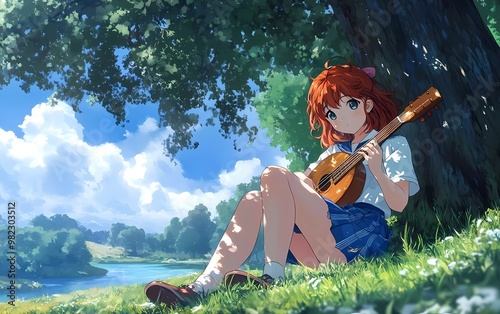 Anime illustration of a red-haired girl playing a lute on the grass, sitting under a tree, wearing a white shirt and blue short skirt, in the anime style photo