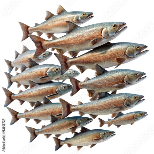 School of Salmon, Isolated on White Background, Realistic Illustration, Fish, Seafood, Underwater, Animal, Nature,  Sea Life,  Salmon,  Seafood,  Fish,  School photo