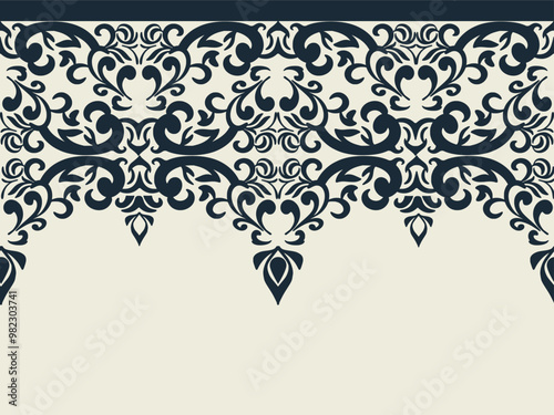 An elegant, seamless border design featuring intricate floral arabesque patterns in a classic black and white color scheme. Perfect for adding a touch of sophistication to invitations, textiles 
