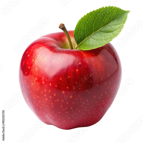 Single Red Apple with Green Leaf Isolated on White Background, apple, fruit, healthy, organic, food