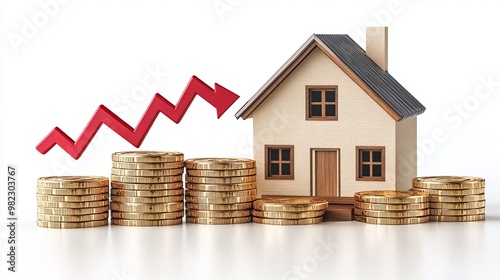 A house model surrounded by stacks of coins and an upward trend, symbolizing real estate investment and financial growth. Real estate and property crisis concept.