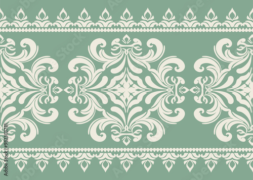 green damask pattern features elegant ivory motifs in a symmetrical arrangement. The design evokes a classic and timeless feel, perfect for home textiles or wallpaper.
