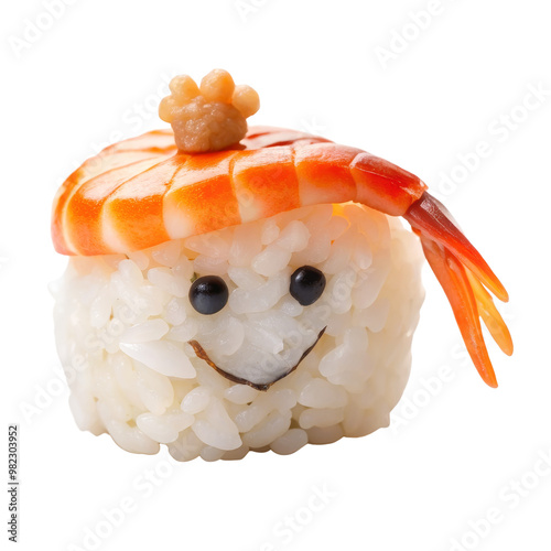 Smiling Sushi Rice Ball with Shrimp Hat, Isolated on White Background, Sushi, Food, Japanese, Cuisine, photo