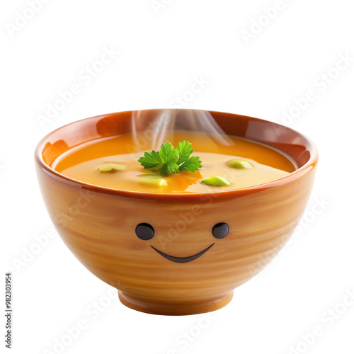 Smiling Soup Bowl with Steam and Garnish Isolated on White Background, soup , food , bowl , steam