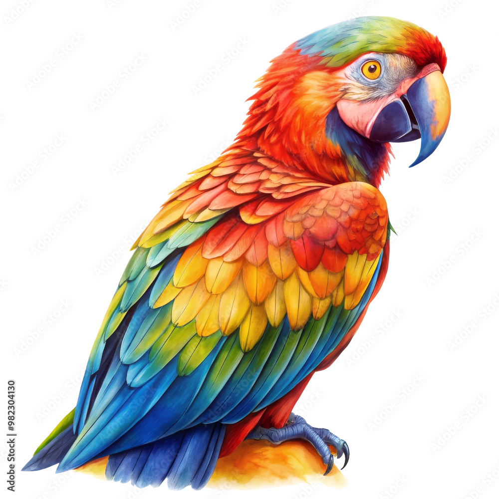 Fototapeta premium Vibrant Scarlet Macaw Parrot Watercolor Painting Isolated on White Background, parrot, macaw, watercolor, bird