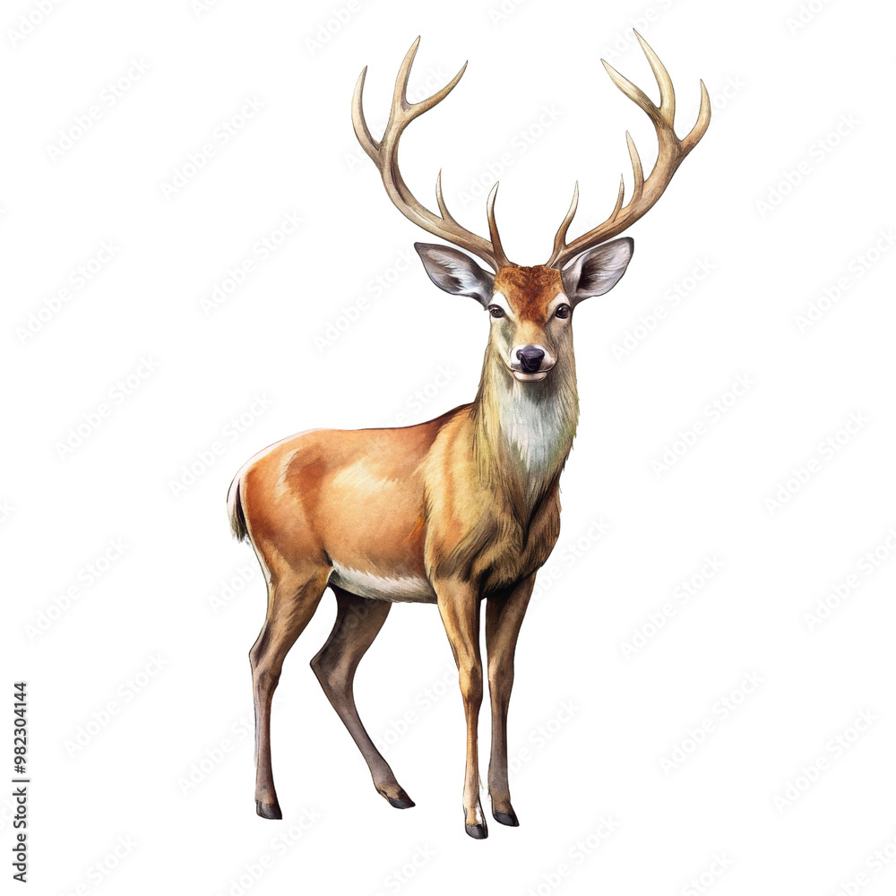 Fototapeta premium Watercolor Illustration of a Deer with Antlers Isolated on White Background, deer, animal, watercolor, wildlife
