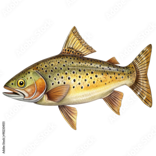 Watercolor Illustration of a Brown Trout Isolated on White Background, trout, fish, watercolor, illustration