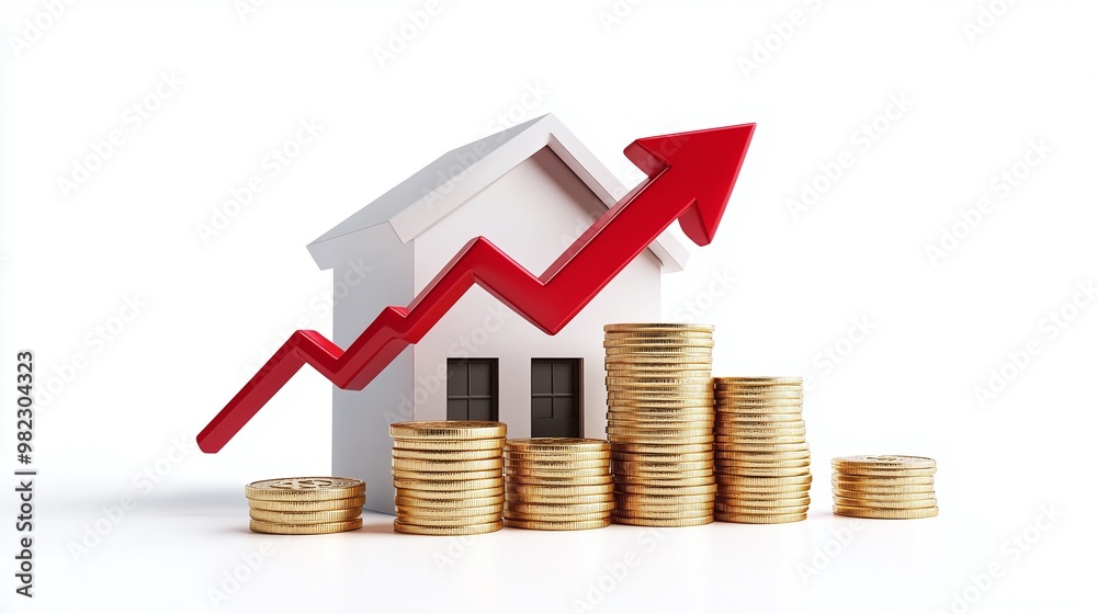 A model house surrounded by stacks of coins and a rising graph, symbolizing real estate growth and investment opportunities. Real estate and property crisis concept. A model house surrounded by stacks of coins and a rising graph, symbolizing real estate growth and investment opportunities. Real estate and property crisis concept.