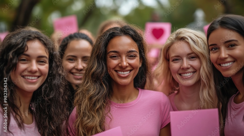 Fototapeta premium Empowering Diversity: Women Supporting Breast Cancer Awareness in Pink Shirts at Park Rally