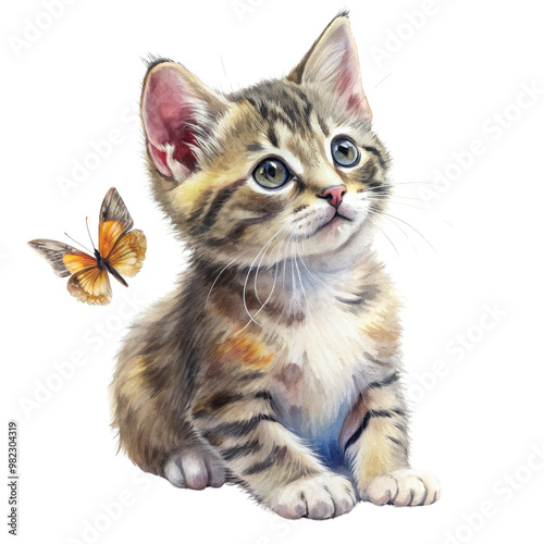 Watercolor Painting of a Cute Kitten with a Butterfly, Isolated on White Background,  kitten, watercolor, butterfly, animal painting photo