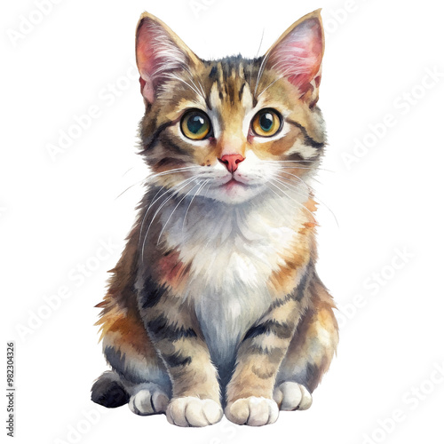 Watercolor Painting of a Tabby Kitten Sitting Isolated on White Background, watercolor painting, kitten illustration, cute cat, pet art