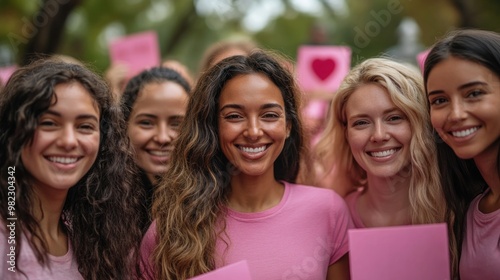 Empowering Diversity: Women Supporting Breast Cancer Awareness in Pink Shirts at Park Rally