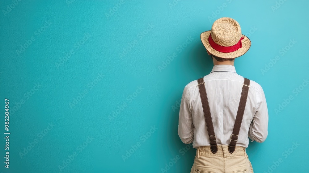 Man facing wall wearing hat, white shirt, suspenders against turquoise background