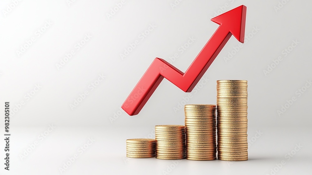 A rising graph over stacked coins symbolizing financial growth and success in investments. Public debt on economic growth. A rising graph over stacked coins symbolizing financial growth and success in investments. Public debt on economic growth.
