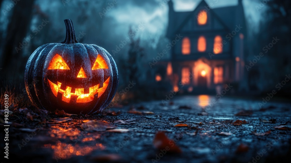 Halloween pumpkin with candlelight in front of a haunted house background, Halloween pumpkin with candlelight in front of a haunted house background,