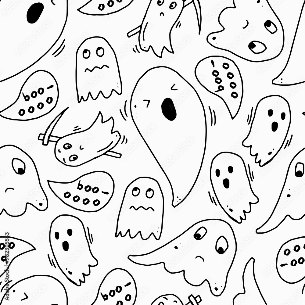 Fototapeta premium Happy halloween with ghosts, mystical magic. Template for Notebook covers, pattern for wallpapers, textile. Doodle vector arts. Childish naive illustrations