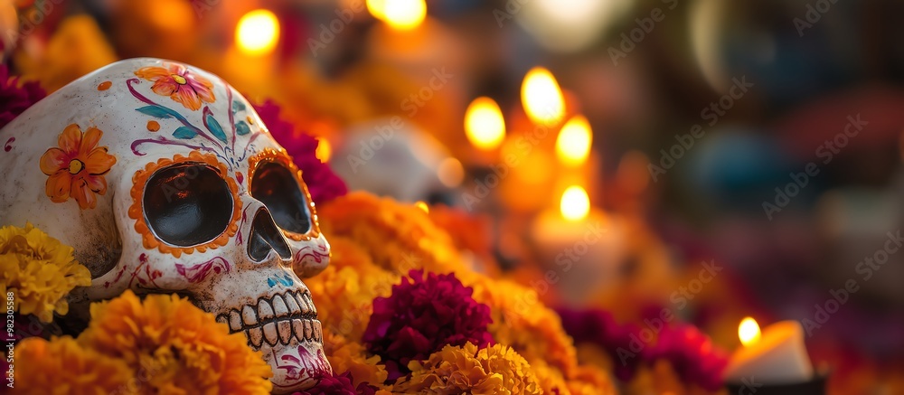 Colorful sugar skull in vibrant marigolds, representing the Day of the Dead traditions with flickering candlelight. Colorful sugar skull in vibrant marigolds, representing the Day of the Dead traditions with flickering candlelight.
