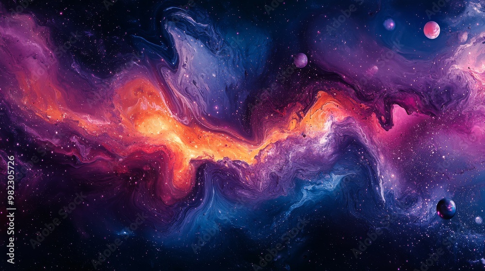 Abstract Cosmic Nebula with Swirling Colors and Planets Abstract Cosmic Nebula with Swirling Colors and Planets