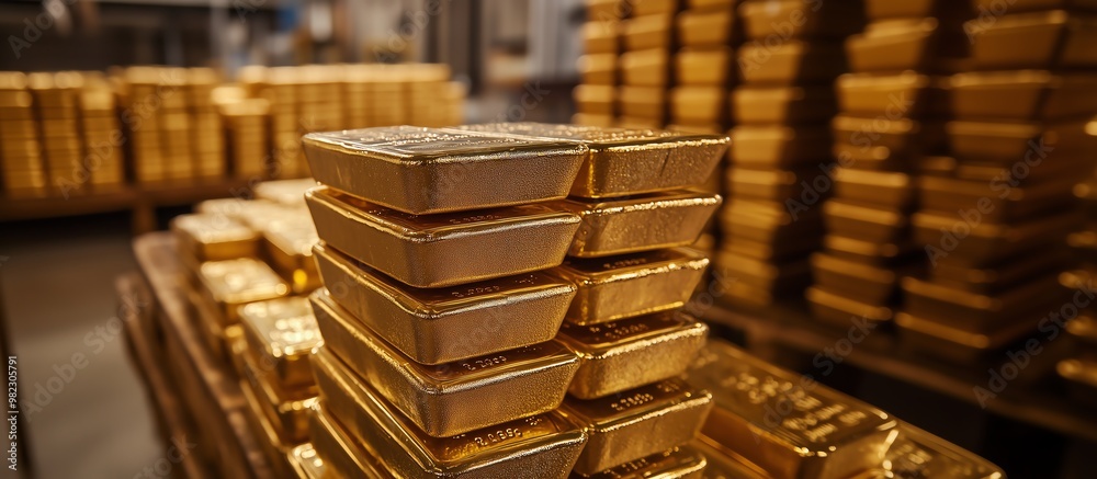 Stacks of gold bars shining in a secure vault, symbolizing wealth and luxury in finance and investment. Stacks of gold bars shining in a secure vault, symbolizing wealth and luxury in finance and investment.