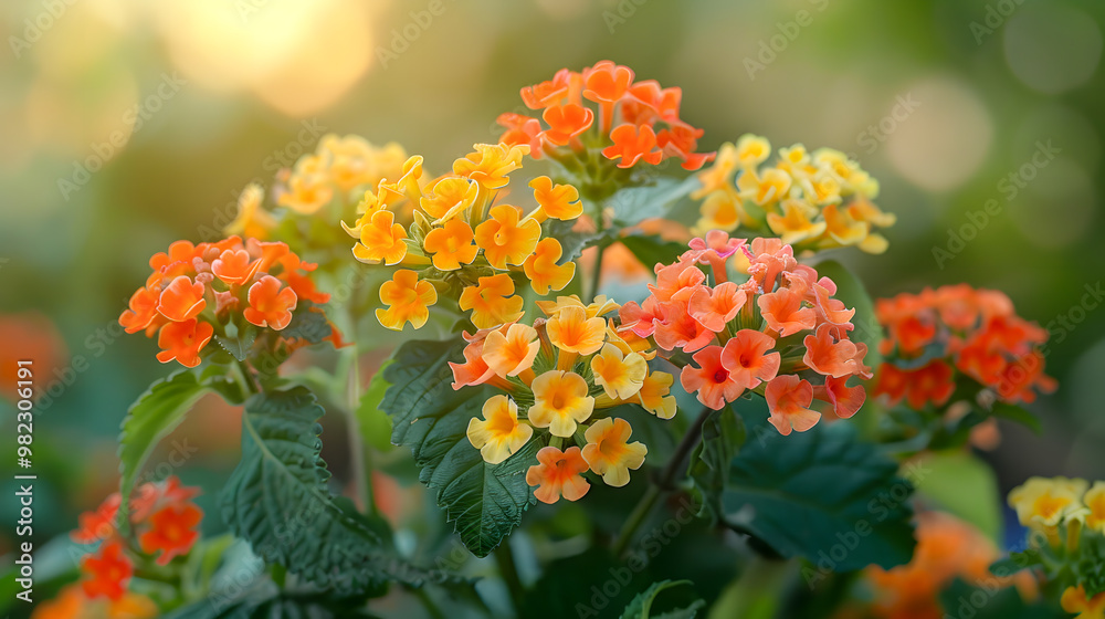 A dense cluster of lantana flowers in various shades of orange and yellow A dense cluster of lantana flowers in various shades of orange and yellow