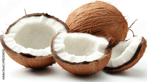 Fresh Coconuts with Open Shells and White Flesh