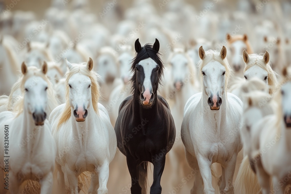 Obraz premium Massive herd of white horses, with one black horse standing out in the center