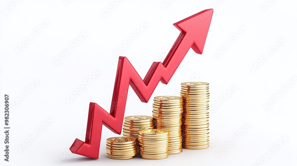 A vibrant red arrow representing growth soaring above stacks of golden coins, symbolizing financial success and investment. Public debt on economic growth. A vibrant red arrow representing growth soaring above stacks of golden coins, symbolizing financial success and investment. Public debt on economic growth.
