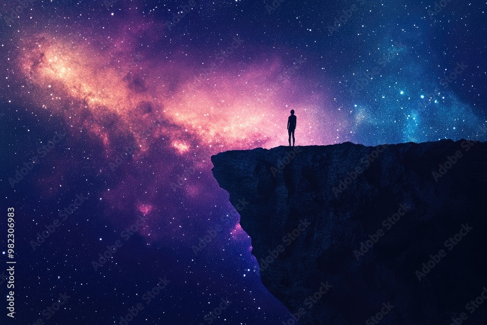 A figure standing at the edge of a cliff, staring at a distant galaxy in the night sky