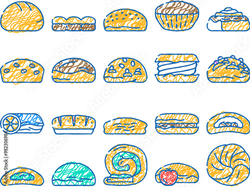 bun bread burger hamburger doodle icons set vector. sketch line art food sandwich, sesame roll, brioche chinese, taiwan top, empty meat, view baked bun bread burger hamburger color illustrations