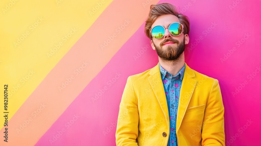 Stylish man in yellow jacket against colorful vivid backdrop Stylish man in yellow jacket against colorful vivid backdrop