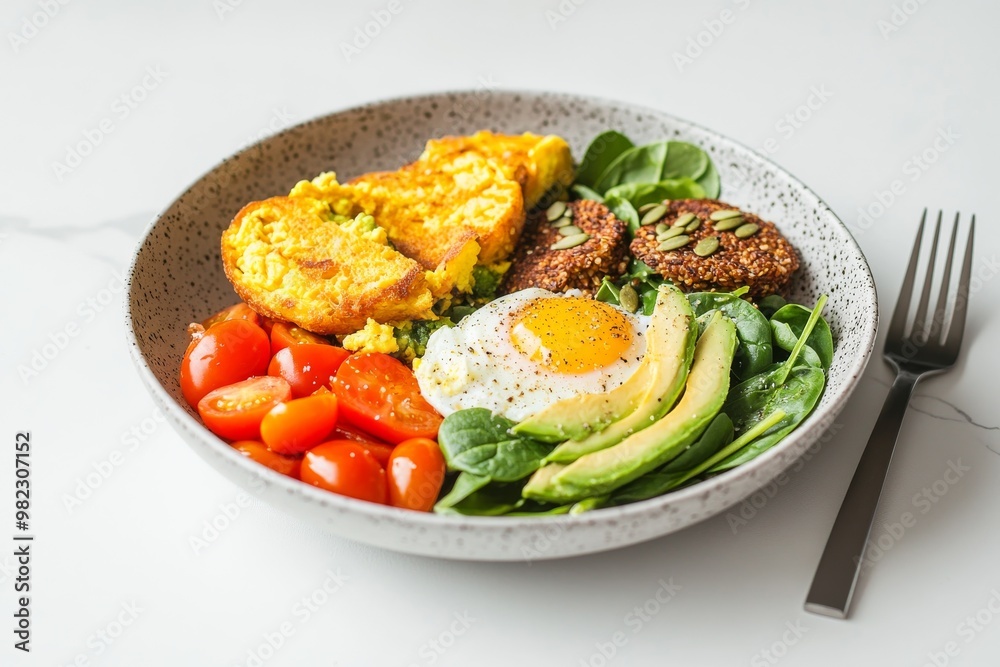 Vibrant Meal with Scrambled Eggs, Avocado, and Whole Grain Bread. Generative AI Vibrant Meal with Scrambled Eggs, Avocado, and Whole Grain Bread. Generative AI