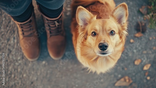 Small, brown dog looks up at owner standing on pavement photo