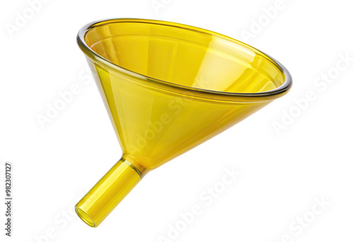 Yellow plastic funnel isolated with transparent background. photo