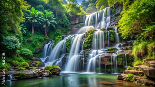 Mesmerizing waterfall plunging over layers of rock, surrounded by lush green foliage and creating a serene natural