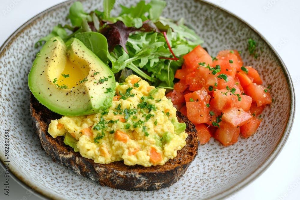 Vibrant Meal with Scrambled Eggs, Avocado, and Whole Grain Bread. Generative AI