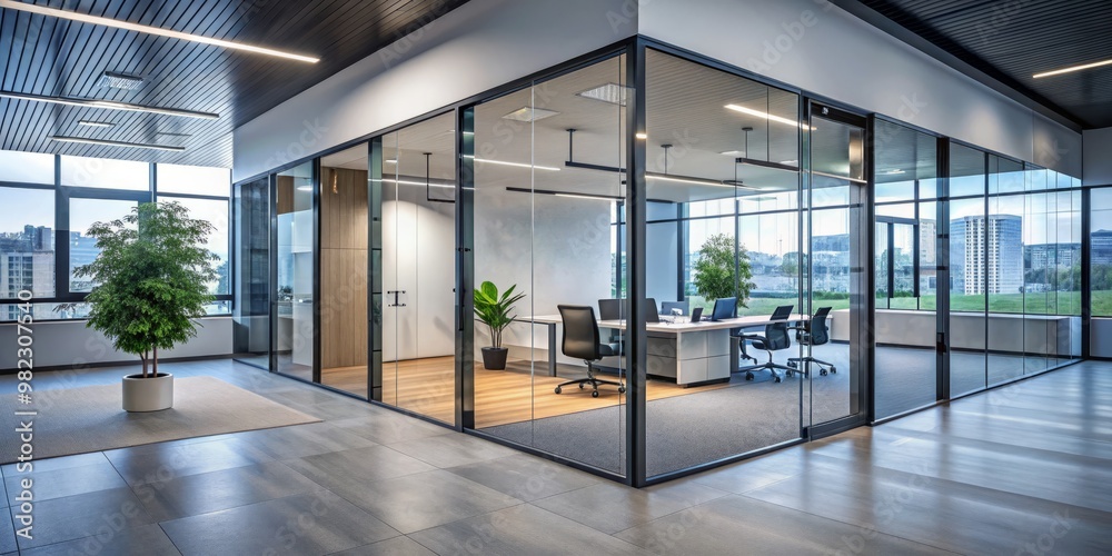 Modern office building with a closed glass door, providing a view of the interior workplace. Modern office building with a closed glass door, providing a view of the interior workplace.