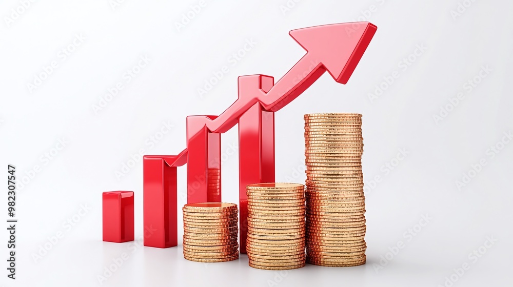 A visual representation of growth and success, featuring red bars and golden coins symbolizing financial progress. Public debt on economic growth. A visual representation of growth and success, featuring red bars and golden coins symbolizing financial progress. Public debt on economic growth.